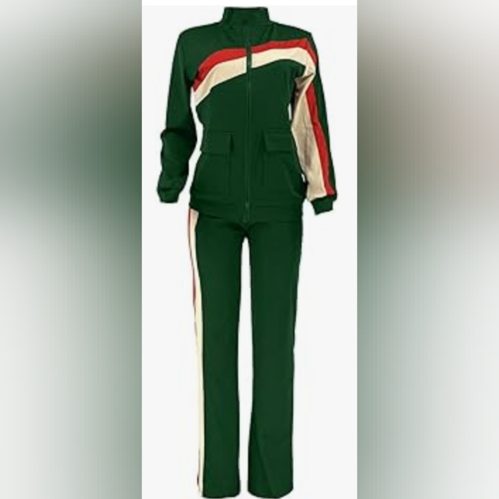 Two Piece Pants Pocket Set Tracksuits Women's Paints Suit in Green